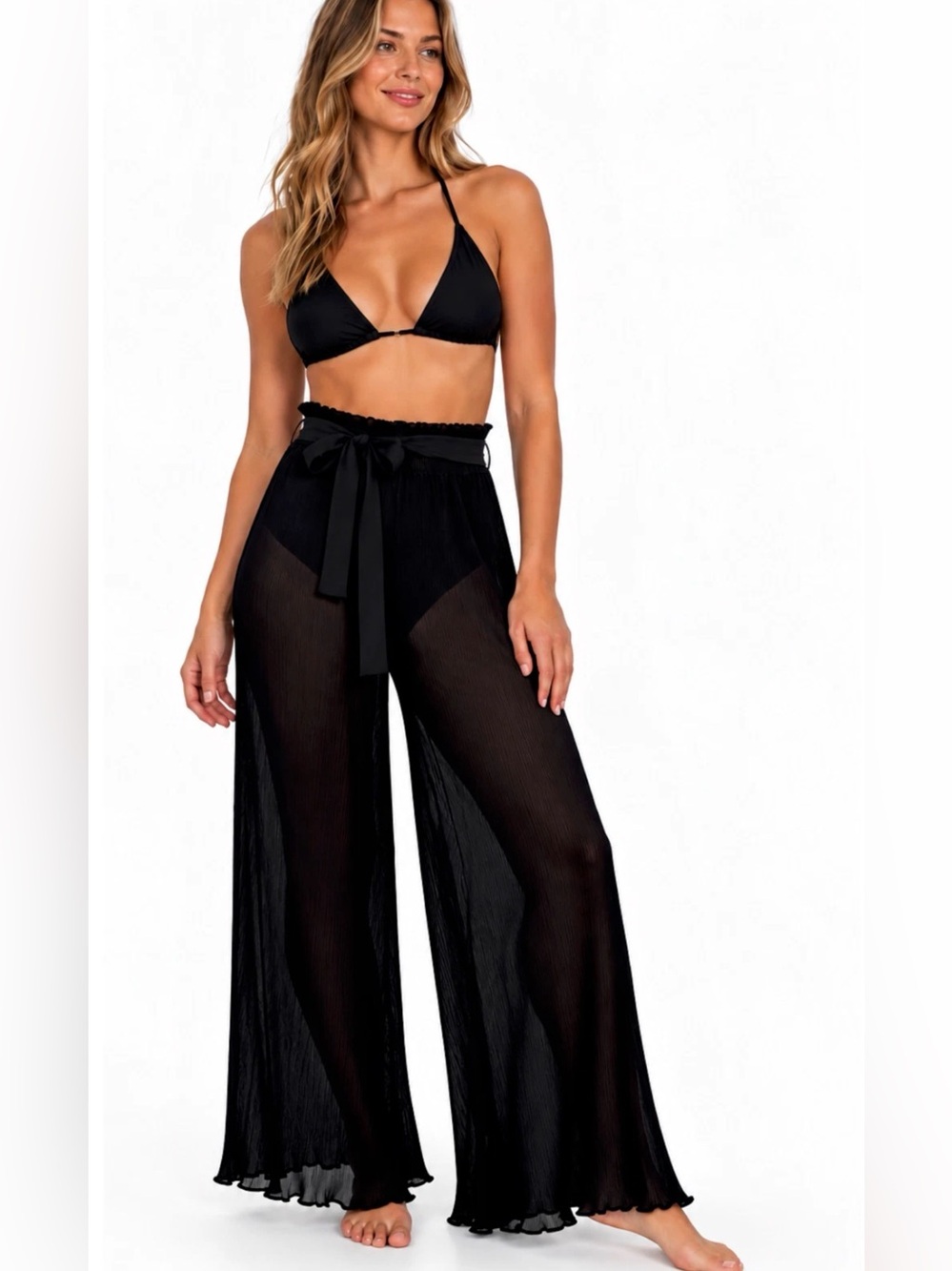 NWT PROFILE BY GOTTEX BLACK TUTTI FRUTTI PLEATED SHEER SWIM COVER UP PANTS SZ L